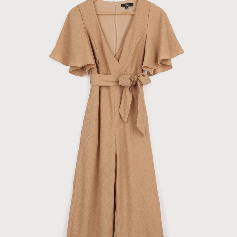 Lulus Undivided Attention Beige Surplice Flutter Sleeve Jumpsuit